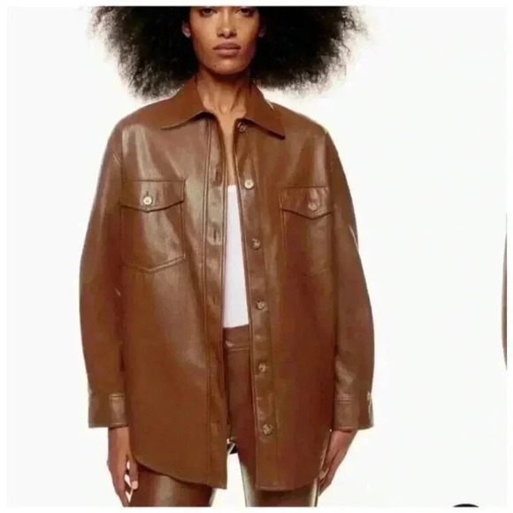 Aritzia Wilfred Ganna vegan brown leather shirt jacket shacket size XXS/XS/S - Picture 1 of 11